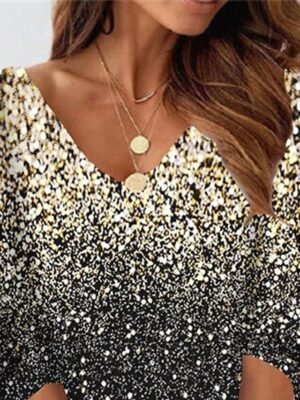 Casual Loose Marble V Neck 3/4 Sleeve Mini Dress - Image 2