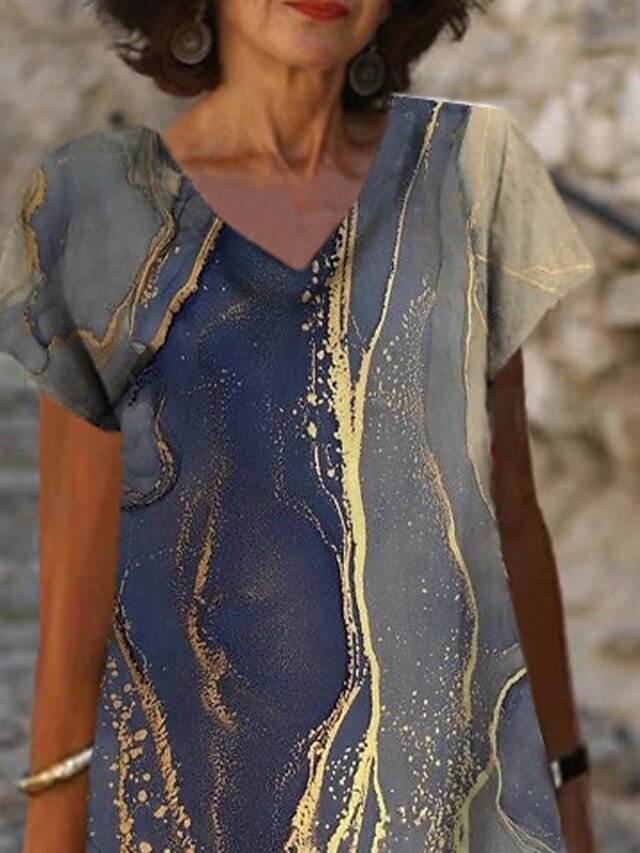 Casual Loose Marble V Neck Short Sleeve Midi Dress - Image 2