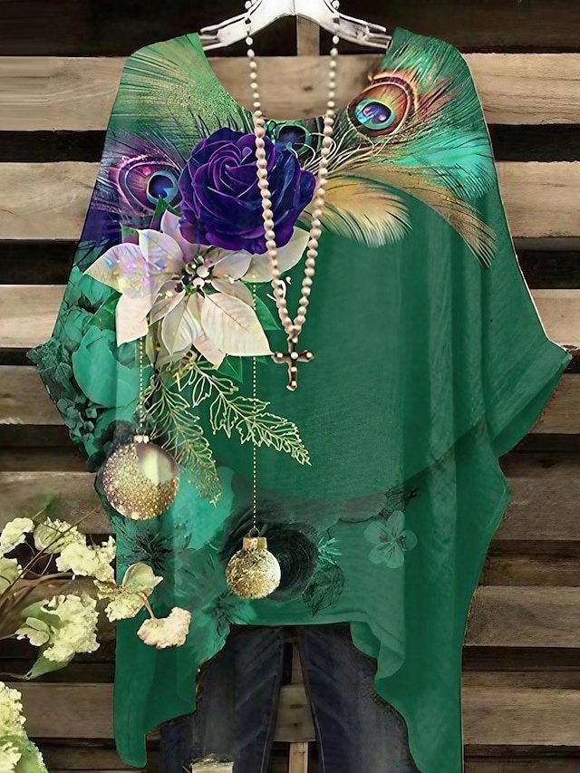 Casual Loose Neon Floral Round Neck Short Sleeve Long Blouse - Image 1