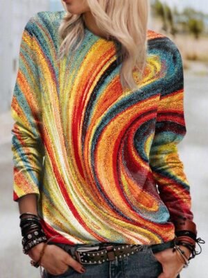 Casual Loose Oil Painting Print Round Neck Long Sleeve Pullover Sweatshirt - Image 1