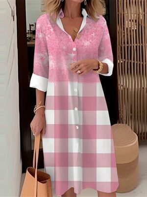 Casual Loose Ombre Plaid Shirt Collar Long Sleeve Midi Dress - Image 1
