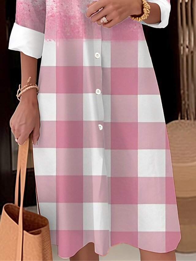 Casual Loose Ombre Plaid Shirt Collar Long Sleeve Midi Dress - Image 2