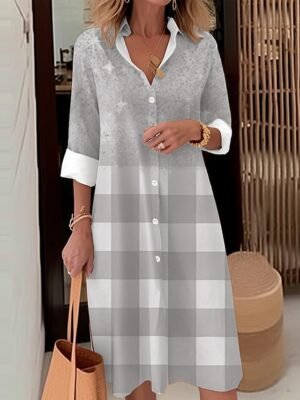 Casual Loose Ombre Plaid Shirt Collar Long Sleeve Midi Dress - Image 4