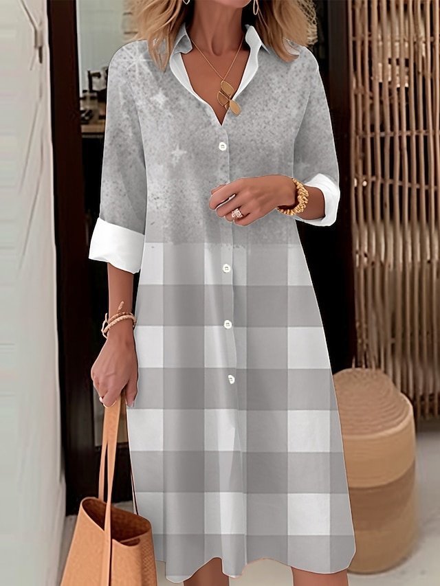Casual Loose Ombre Plaid Shirt Collar Long Sleeve Midi Dress - Image 4