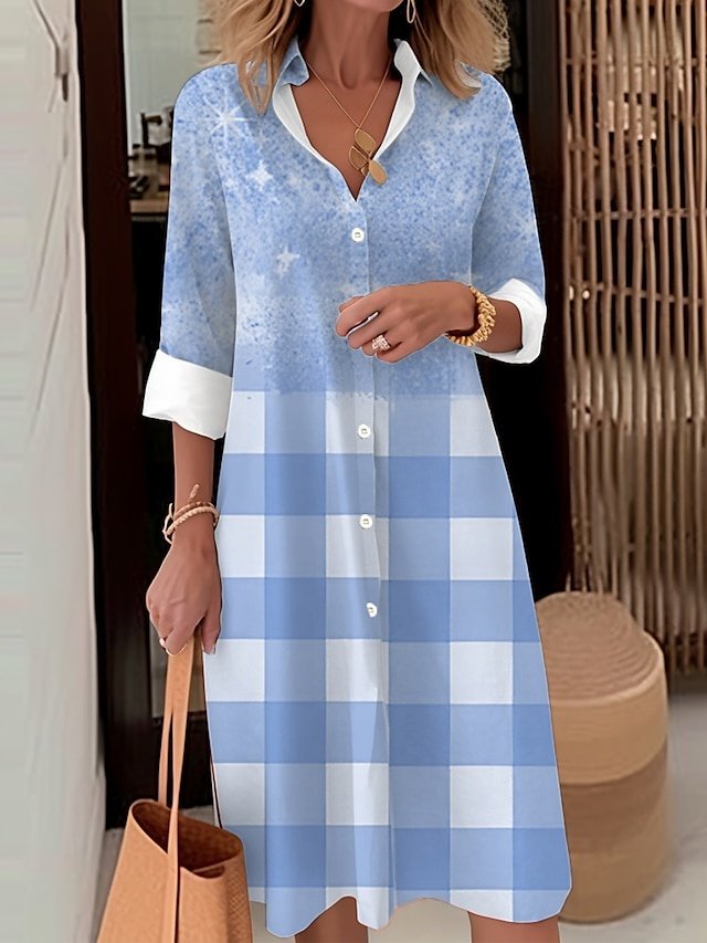 Casual Loose Ombre Plaid Shirt Collar Long Sleeve Midi Dress - Image 5