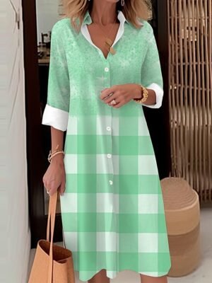 Casual Loose Ombre Plaid Shirt Collar Long Sleeve Midi Dress - Image 6