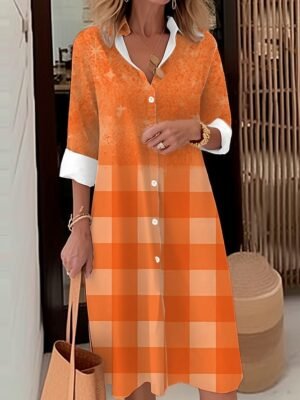 Casual Loose Ombre Plaid Shirt Collar Long Sleeve Midi Dress - Image 7