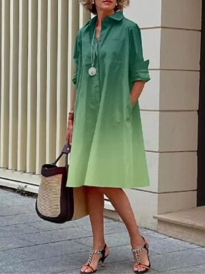 Casual Loose Ombre Shirt Collar 3/4 Sleeve Midi Dress - Image 1