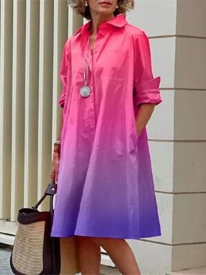 Casual Loose Ombre Shirt Collar 3/4 Sleeve Midi Dress - Image 2