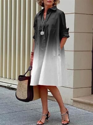 Casual Loose Ombre Shirt Collar 3/4 Sleeve Midi Dress - Image 3