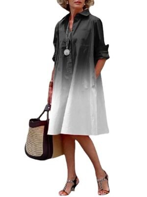 Casual Loose Ombre Shirt Collar 3/4 Sleeve Midi Dress - Image 4