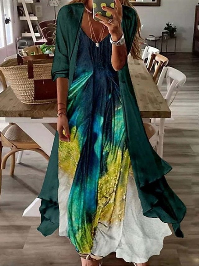 Casual Loose Ombre Tribal V Neck Long Sleeve Maxi Dress Set - Image 1