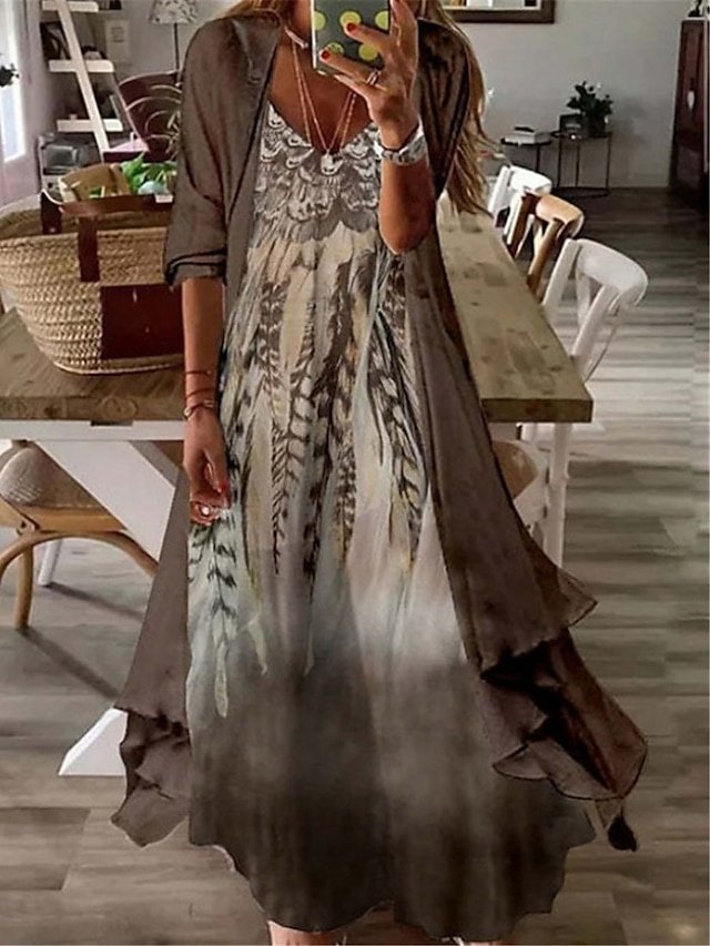 Casual Loose Ombre Tribal V Neck Long Sleeve Maxi Dress Set - Image 2