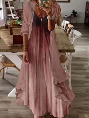 Casual Loose Ombre Tribal V Neck Long Sleeve Maxi Dress Set - Image 3