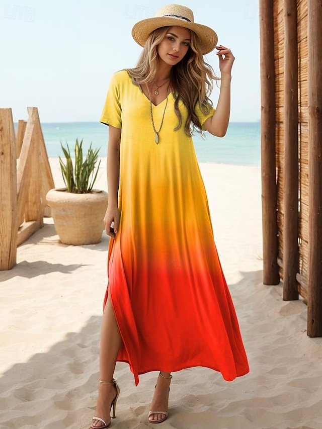 Casual Loose Ombre V Neck Short Sleeve Maxi Dress - Image 1