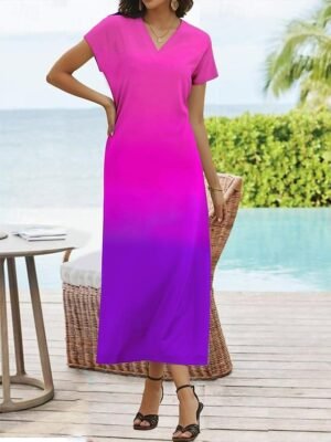 Casual Loose Ombre V Neck Short Sleeve Maxi Dress - Image 3