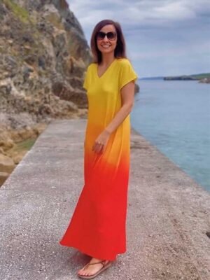 Casual Loose Ombre V Neck Short Sleeve Maxi Dress - Image 5