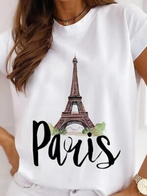 Casual Loose Paris Print Round Neck Short Sleeve T-Shirt - Image 1