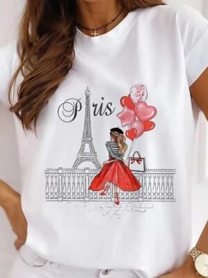 Casual Loose Paris Print Round Neck Short Sleeve T-Shirt - Image 2