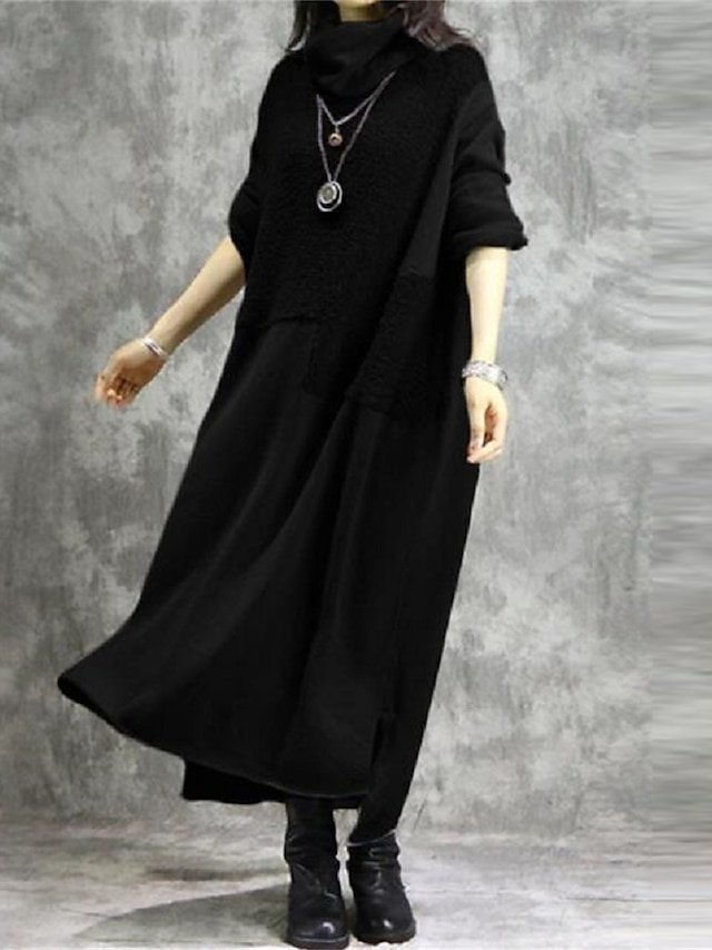 Casual Loose Patchwork Turtleneck Long Sleeve Maxi Dress - Image 1
