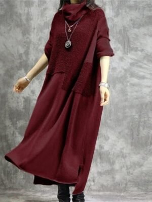 Casual Loose Patchwork Turtleneck Long Sleeve Maxi Dress - Image 2