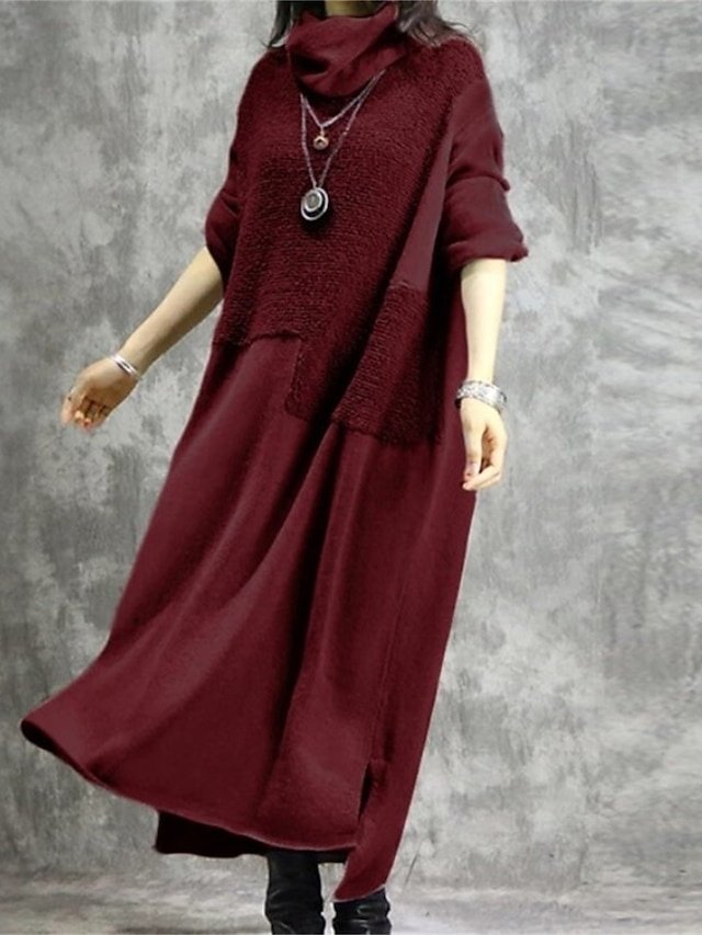 Casual Loose Patchwork Turtleneck Long Sleeve Maxi Dress - Image 2