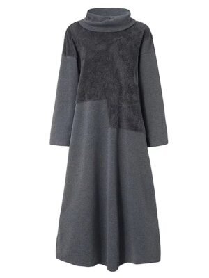 Casual Loose Patchwork Turtleneck Long Sleeve Maxi Dress - Image 3