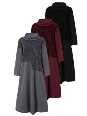 Casual Loose Patchwork Turtleneck Long Sleeve Maxi Dress - Image 7