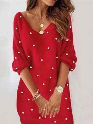 Casual Loose Patchwork V Neck Long Sleeve Mini Dress - Image 1