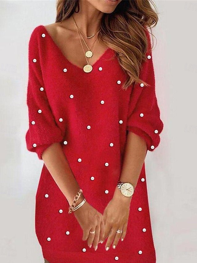 Casual Loose Patchwork V Neck Long Sleeve Mini Dress - Image 1