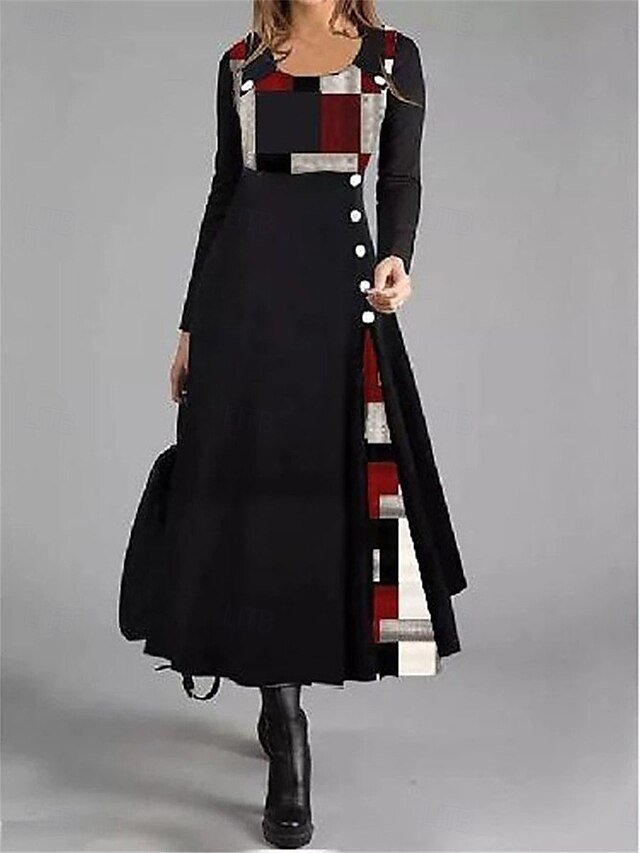 Casual Loose Plaid Crew Neck Long Sleeve Maxi Dress - Image 1