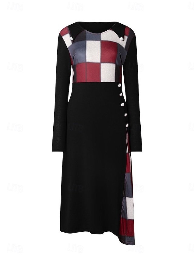 Casual Loose Plaid Crew Neck Long Sleeve Maxi Dress - Image 2