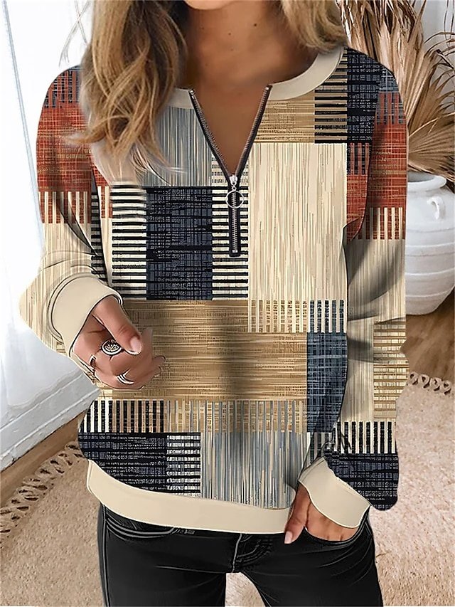 Casual Loose Plaid Quarter Zip Long Sleeve Sweatshirt - Image 1