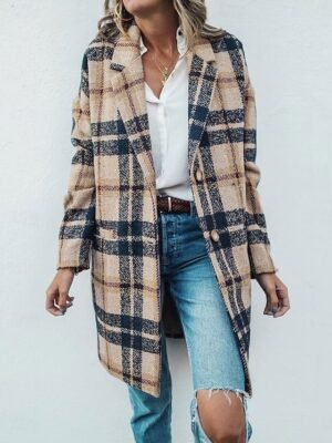 Casual Loose Plaid Turndown Long Sleeve Long Coat - Image 1