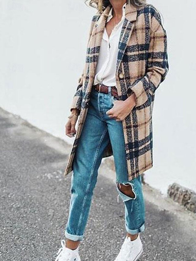Casual Loose Plaid Turndown Long Sleeve Long Coat - Image 2