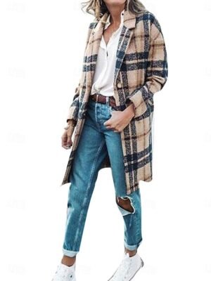 Casual Loose Plaid Turndown Long Sleeve Long Coat - Image 3