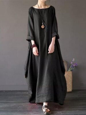 Casual Loose Plain Crew Neck Maxi Dress - Image 10