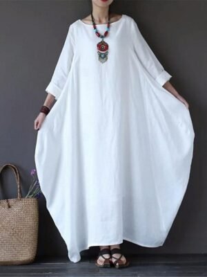 Casual Loose Plain Crew Neck Maxi Dress - Image 5