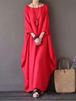 Casual Loose Plain Crew Neck Maxi Dress - Image 6