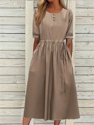 Casual Loose Plain Crew Neck Midi Dress - Image 1