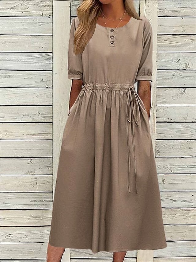 Casual Loose Plain Crew Neck Midi Dress - Image 1