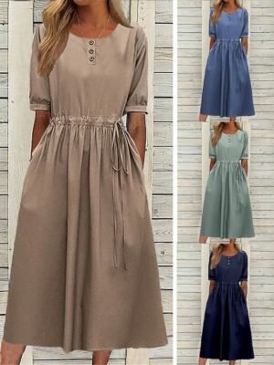 Casual Loose Plain Crew Neck Midi Dress - Image 2