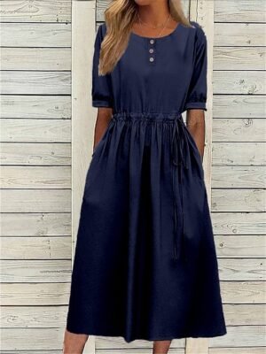 Casual Loose Plain Crew Neck Midi Dress - Image 3