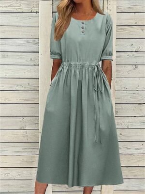 Casual Loose Plain Crew Neck Midi Dress - Image 4