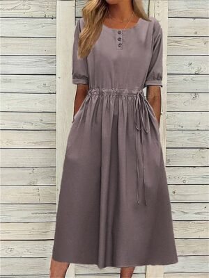Casual Loose Plain Crew Neck Midi Dress - Image 5