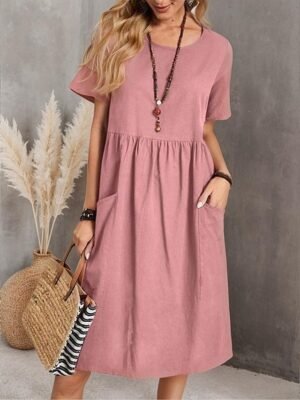 Casual Loose Plain Crew Neck Short Sleeve Midi Dress - Image 1