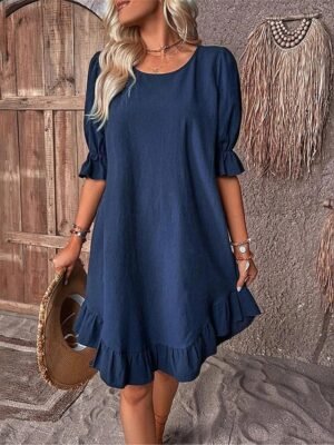 Casual Loose Plain Crew Neck Short Sleeve Midi Dress - Image 1