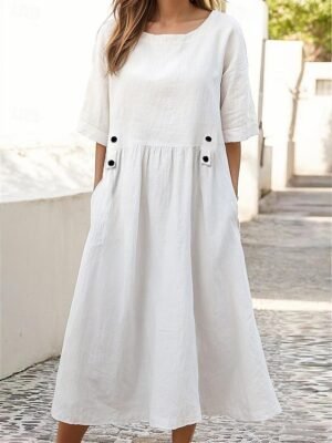 Casual Loose Plain Crew Neck Short Sleeve Midi Dress - Image 1