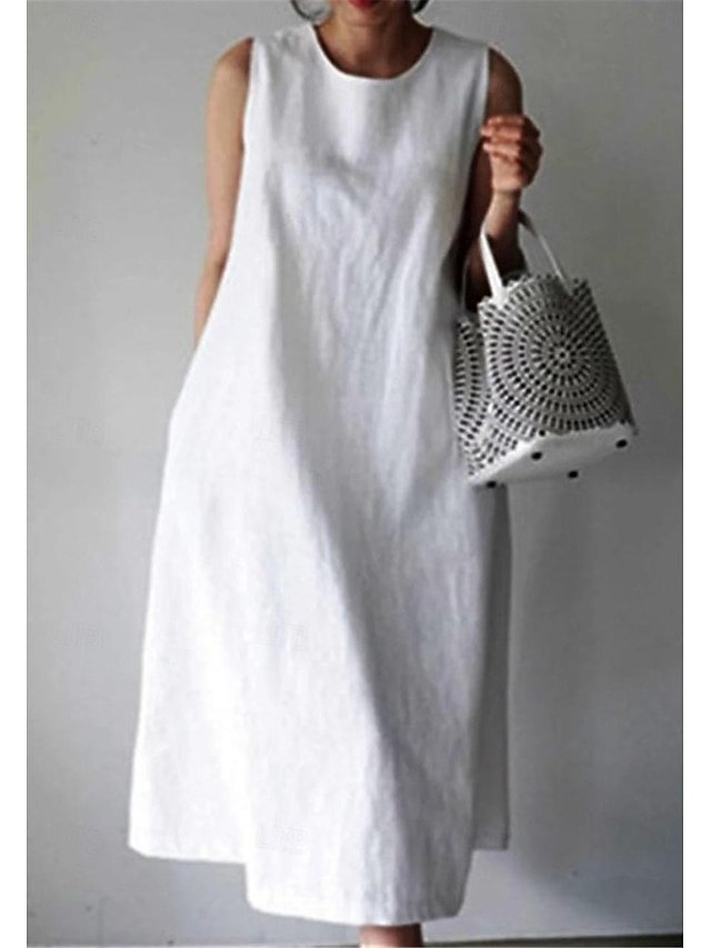 Casual Loose Plain Crew Neck Short Sleeve Midi Dress - Image 1