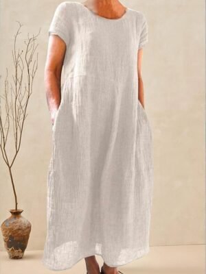 Casual Loose Plain Crew Neck Short Sleeve Maxi Dress - Image 1